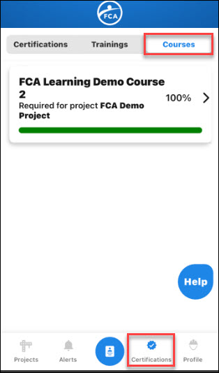 FCA Worker App_cert.course screen